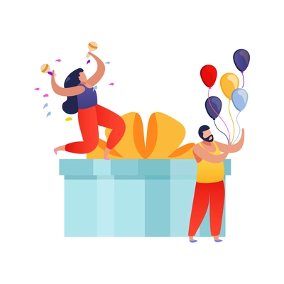 People with gifts flat composition with human characters holding festive balloons and flying confetti vector illustration
