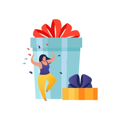 People with gifts flat composition with happy woman character with gift boxes and confetti vector illustration