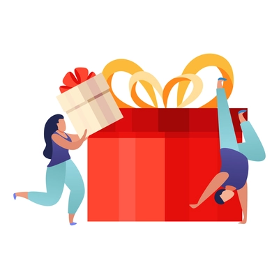 People with gifts flat composition with running dancing human characters and colorful boxes with ribbon vector illustration