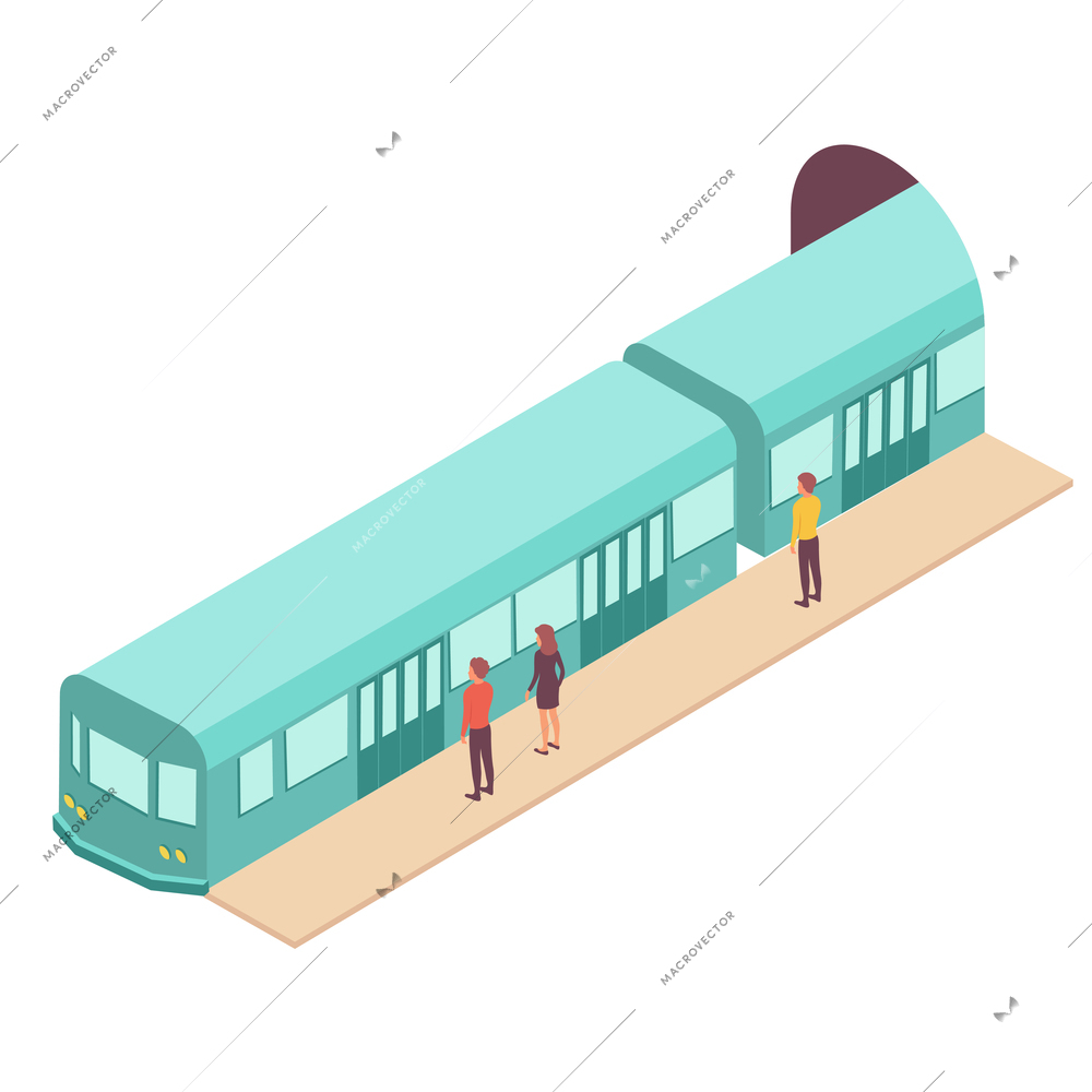Public transport people isometric composition with view of subway station platform with arriving train vector illustration