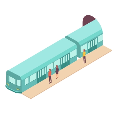 Public transport people isometric composition with view of subway station platform with arriving train vector illustration