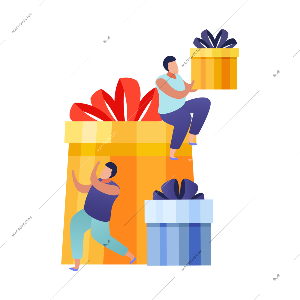 People with gifts flat composition with faceless characters holding boxes decorated with ribbons vector illustration