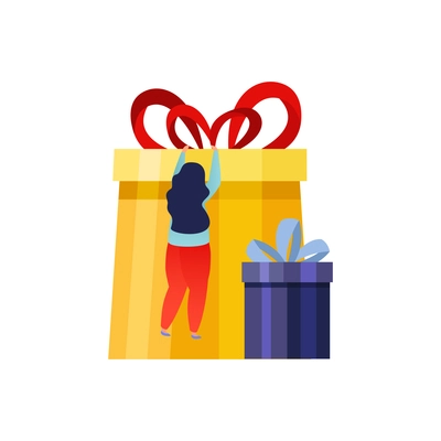 People with gifts flat composition with woman hanging on side of gift boxes with ribbons vector illustration