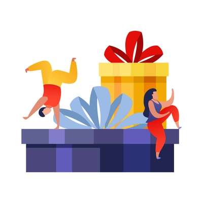 People with gifts flat composition with human characters of people dancing on top of gift boxes vector illustration