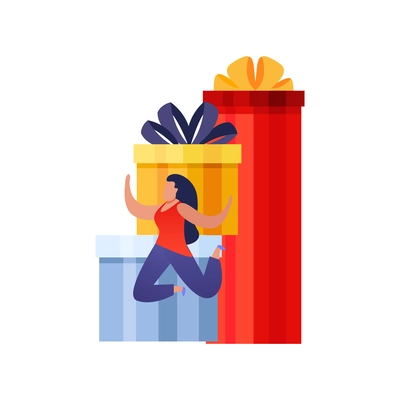 People with gifts flat composition with faceless character of woman jumping in front of her gifts vector illustration