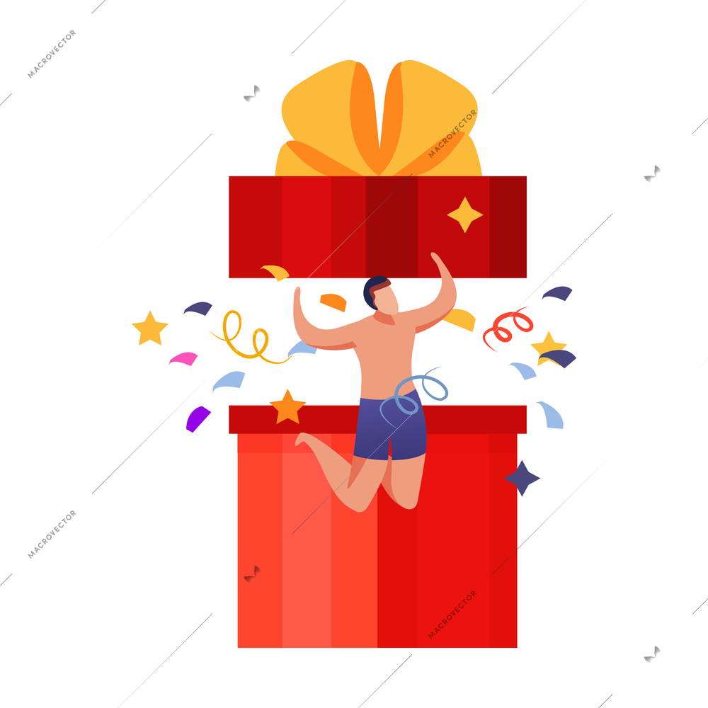 People with gifts flat composition with opened red box flying confetti and jumping man character vector illustration