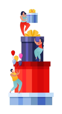 People with gifts flat composition with human characters putting colorful boxes in a stack vector illustration