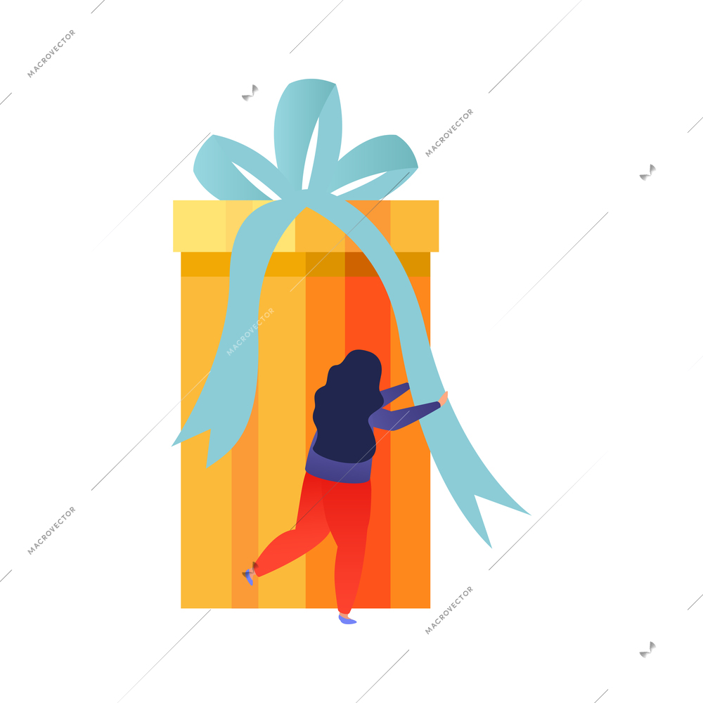 People with gifts flat composition with small human character of girl touching gift box ribbon vector illustration