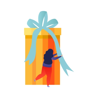 People with gifts flat composition with small human character of girl touching gift box ribbon vector illustration