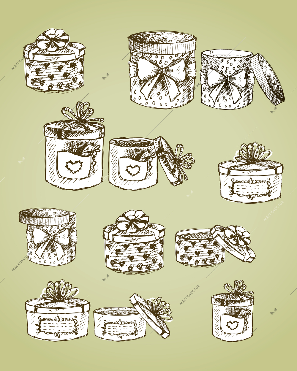 Set of gift present boxes with bows, ribbon, hearts and labels vector illustration