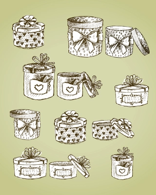 Set of gift present boxes with bows, ribbon, hearts and labels vector illustration