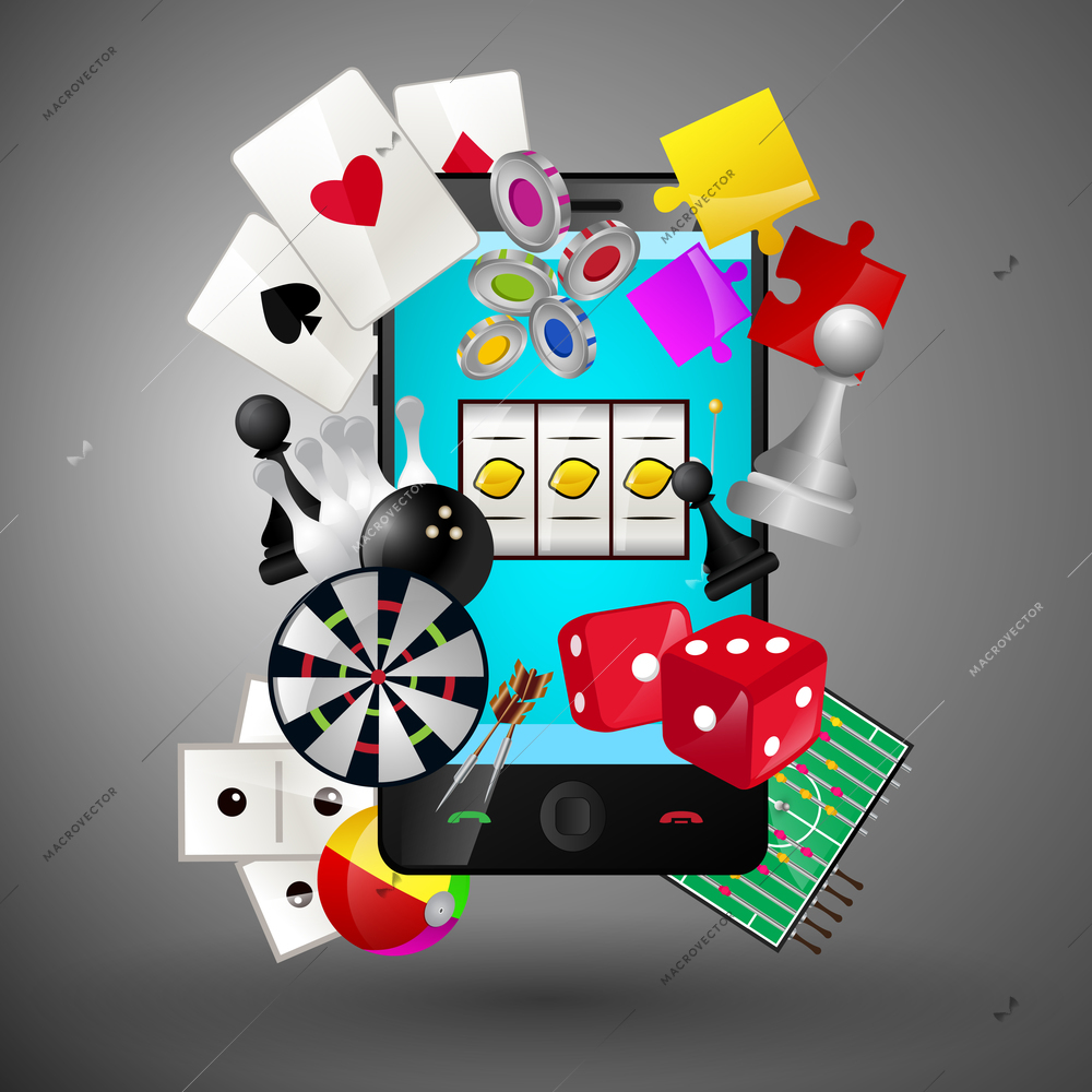 Leisure video sport and gambling casino games icons with mobile phone concept vector illustration