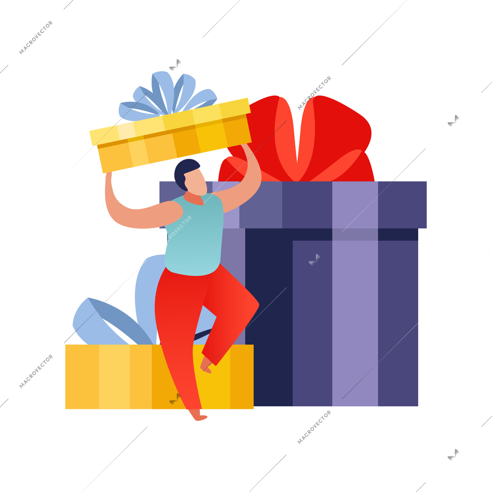 People with gifts flat composition with human character dancing with colorful boxes with ribbons vector illustration