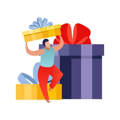 People with gifts flat composition with human character dancing with colorful boxes with ribbons vector illustration