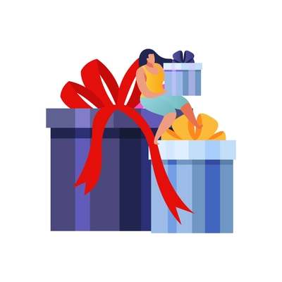 People with gifts flat composition with female character sitting on big festive gift boxes vector illustration