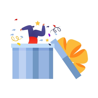 People with gifts flat composition with view of opened gift box with confetti and diving man vector illustration