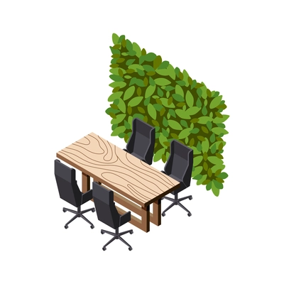 Green office isometric composition with view of breakout room furniture with chairs wooden table and leaves vector illustration