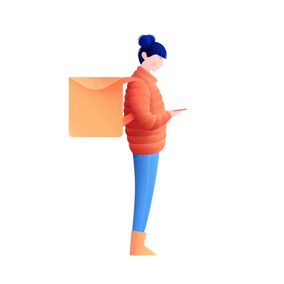 Side view of female courier character wearing square box on back vector illustration