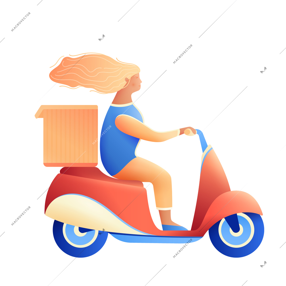 Character of girl riding scooter motorbike delivering goods in box vector illustration