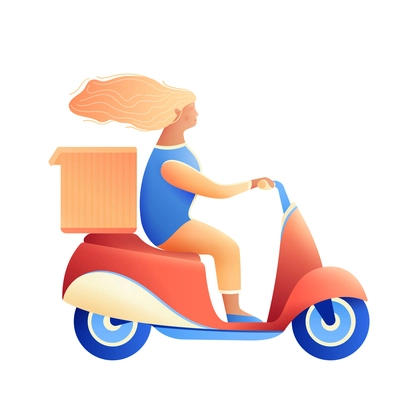 Character of girl riding scooter motorbike delivering goods in box vector illustration