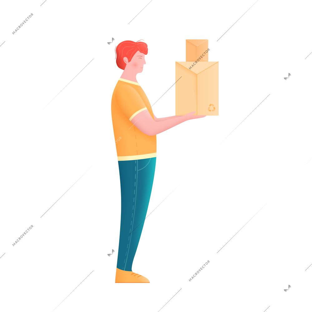 Human character of man holding carton boxes with recycle sign vector illustration