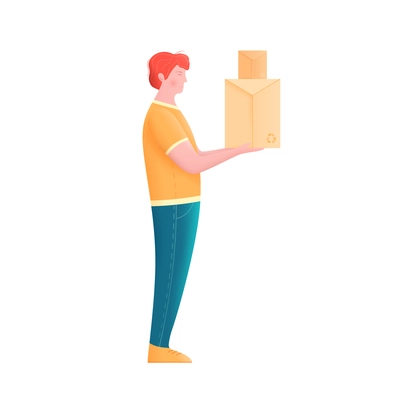 Human character of man holding carton boxes with recycle sign vector illustration