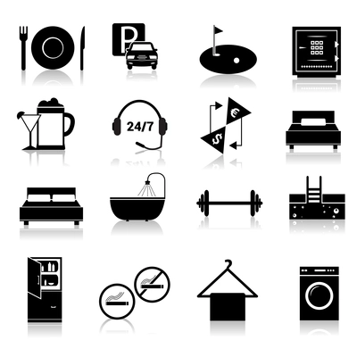 Hotel amenities and room service icons of alcohol fridge laundry and towel black set isolated vector illustration