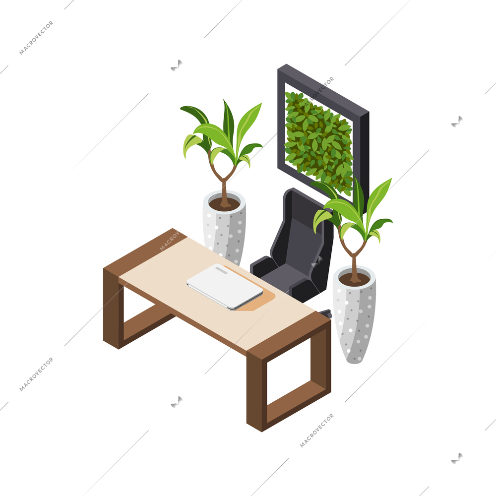 Green office isometric composition with view of directors workplace chair table and plants in high pots vector illustration