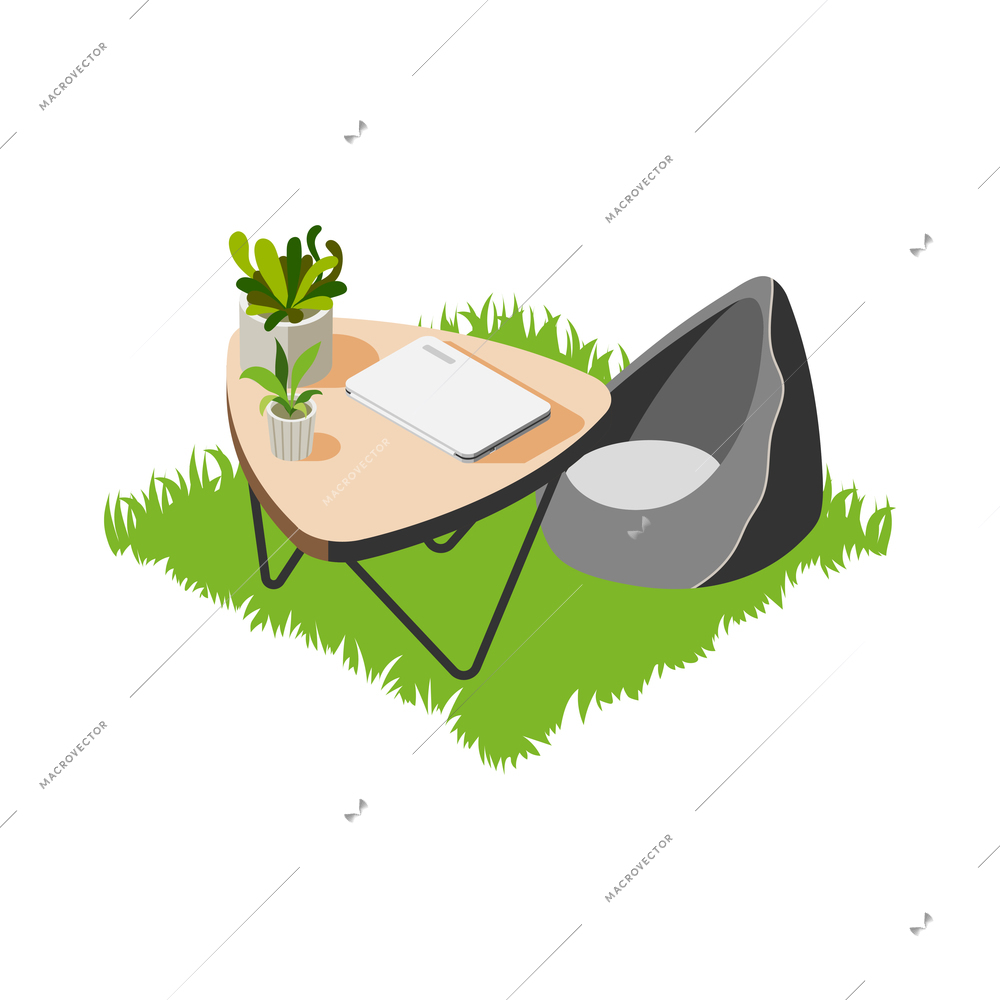 Green office isometric composition with grass floor and designer table with plant pots and laptop vector illustration