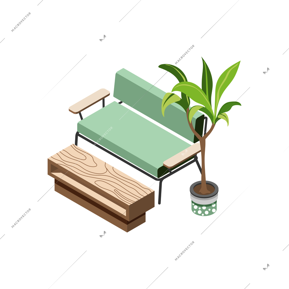 Green office isometric composition with icons of wooden table with sofa bench and tree in pot vector illustration