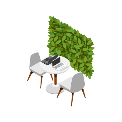 Green office isometric composition with two chairs at round table with laptops and leaves wall vector illustration