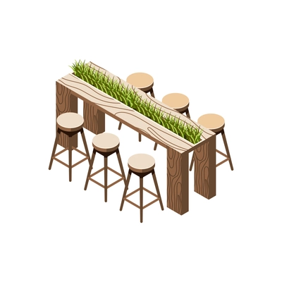 Green office isometric composition with long table with grass and wooden bar stools vector illustration