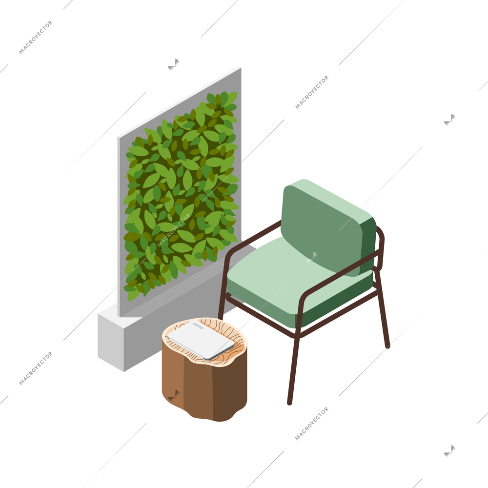 Green office isometric composition with wall of leaves and icons of chair with laptop vector illustration