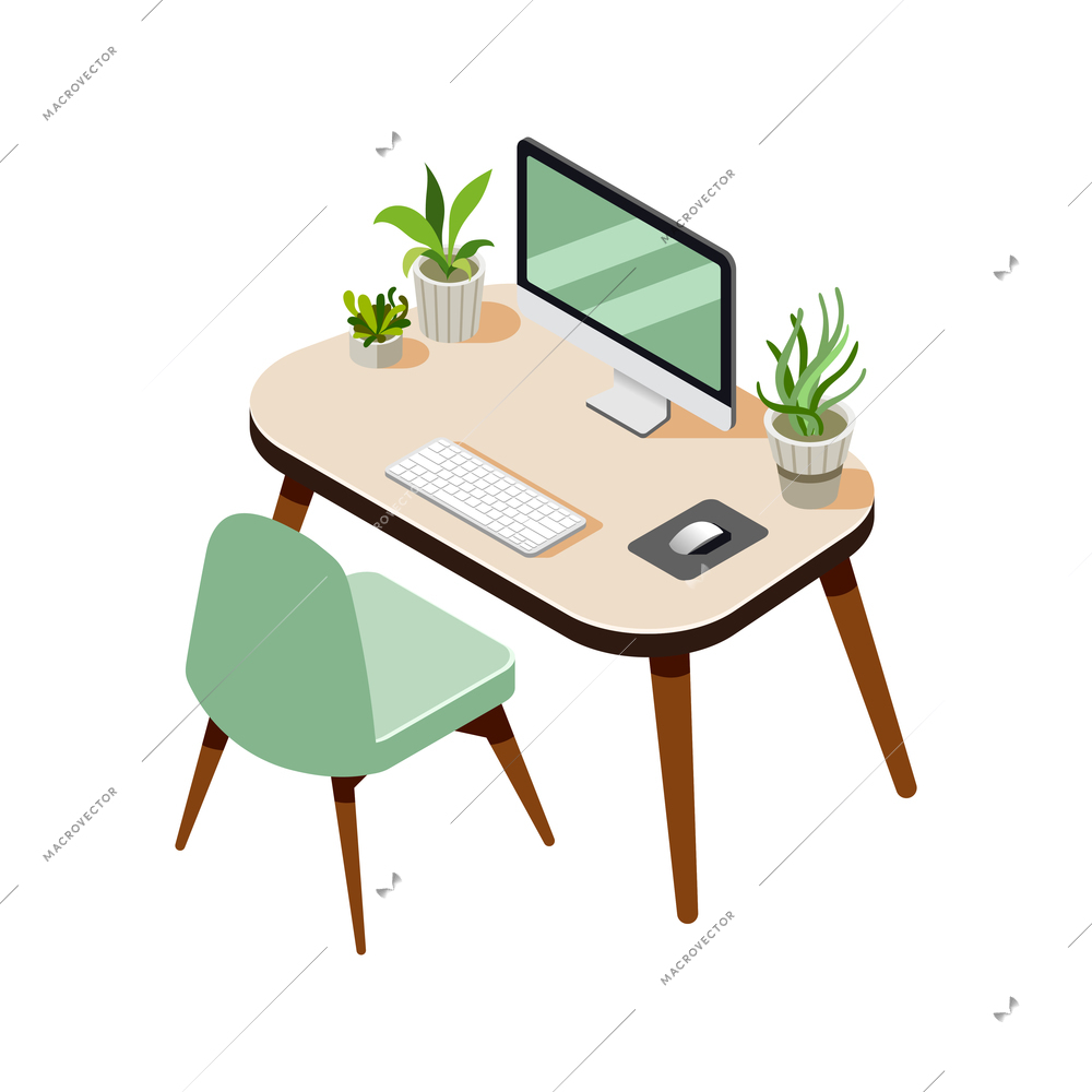 Green office isometric composition with view of personal workplace with chair computer table and plants vector illustration