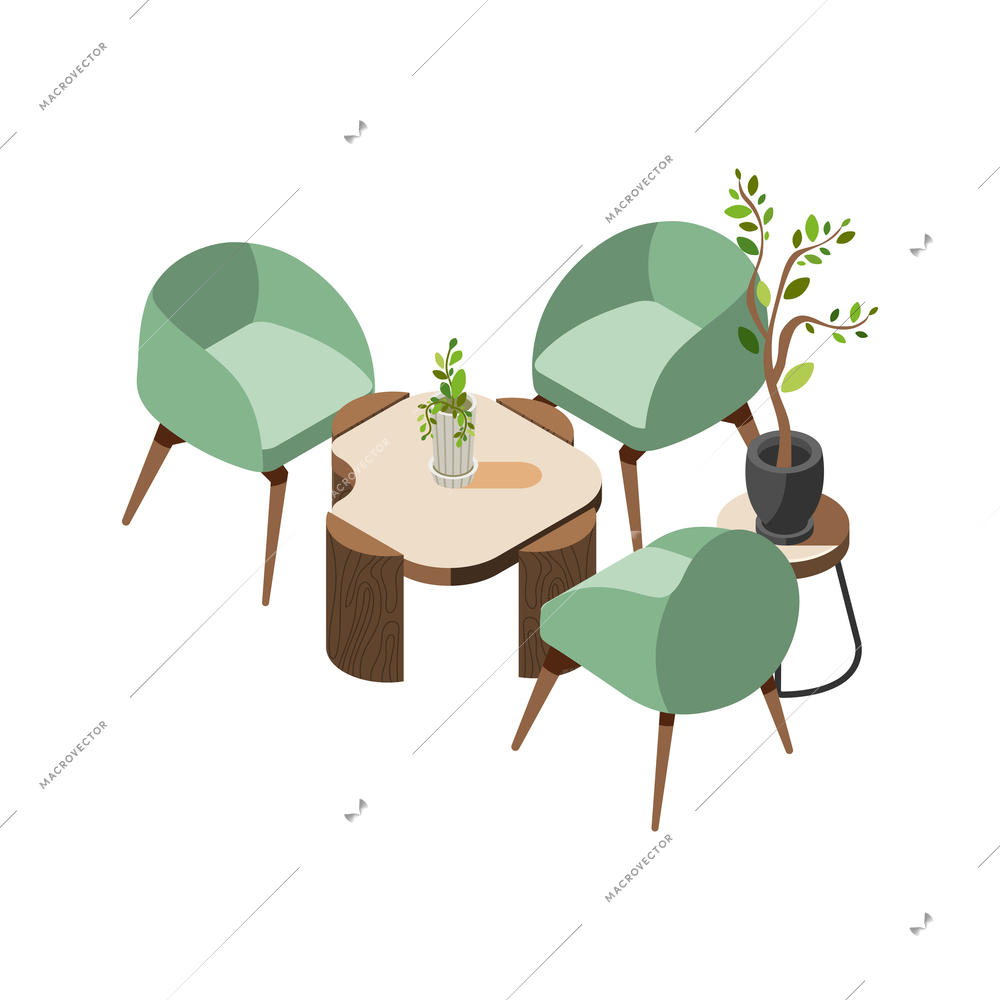 Green office isometric composition with set of designer chairs with table and pots with plants vector illustration