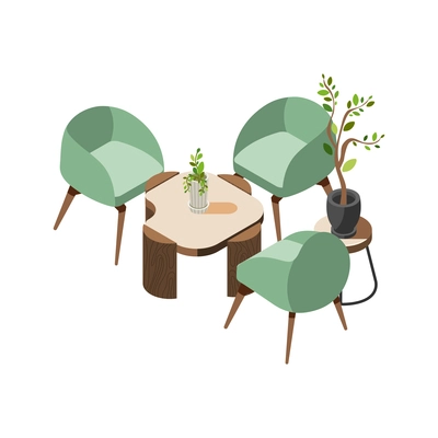 Green office isometric composition with set of designer chairs with table and pots with plants vector illustration