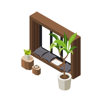 Green office isometric composition with window seat with soft pillows and domestic plants vector illustration