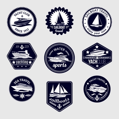 Elite world water sport yacht club sailboat sea travel design labels set black icons isolated vector illustration