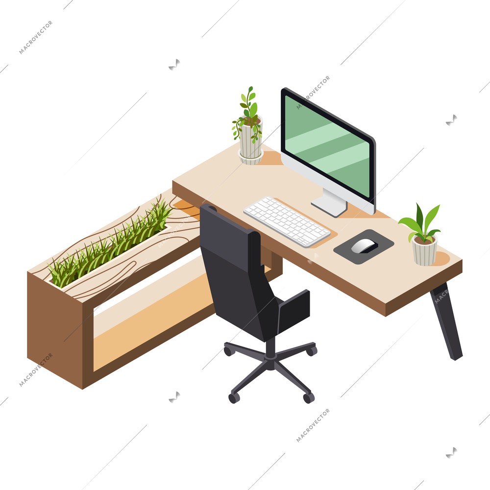 Green office isometric composition with view of workplace with plants icons and computer table vector illustration