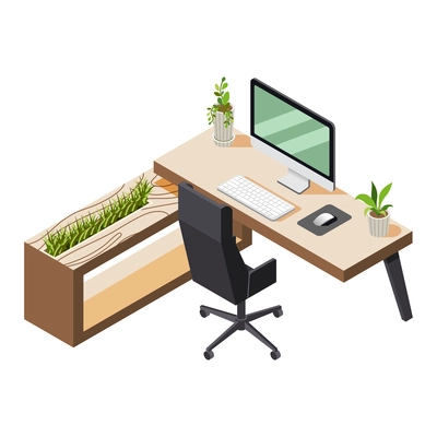 Green office isometric composition with view of workplace with plants icons and computer table vector illustration