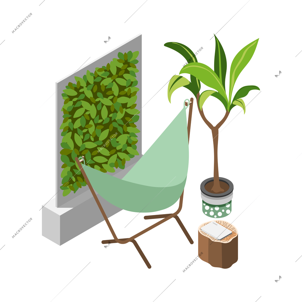 Green office isometric composition with images of decorative trees plants and hammock icons vector illustration