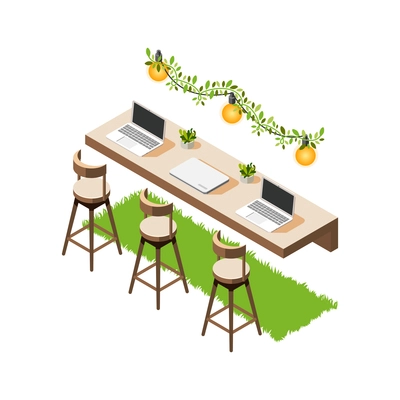 Green office isometric composition with icons of plants with wooden bar stools and table with grass vector illustration