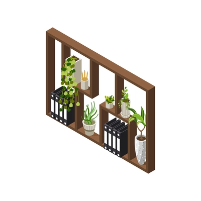 Green office isometric composition with cabinet rack with icons of plants in pots on shelves vector illustration