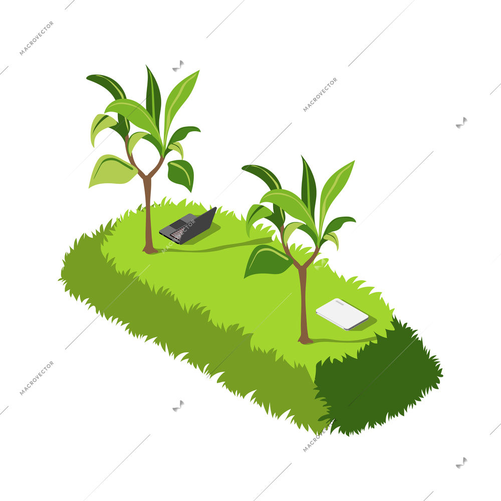 Green office isometric composition with icons of laptops plants with grass hill and plants vector illustration