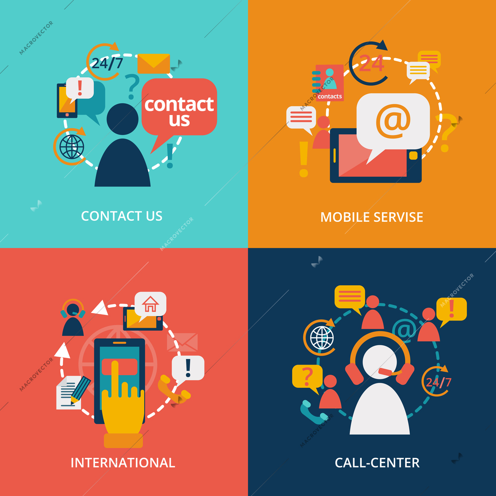 Contact us concept flat business icons set of address call center customer service for infographics design web elements vector illustration