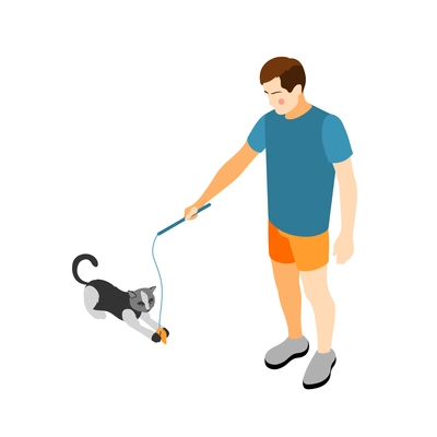 Contact zoo contact farm zoocafe isometric icons composition with human character of guy playing with cat vector illustration