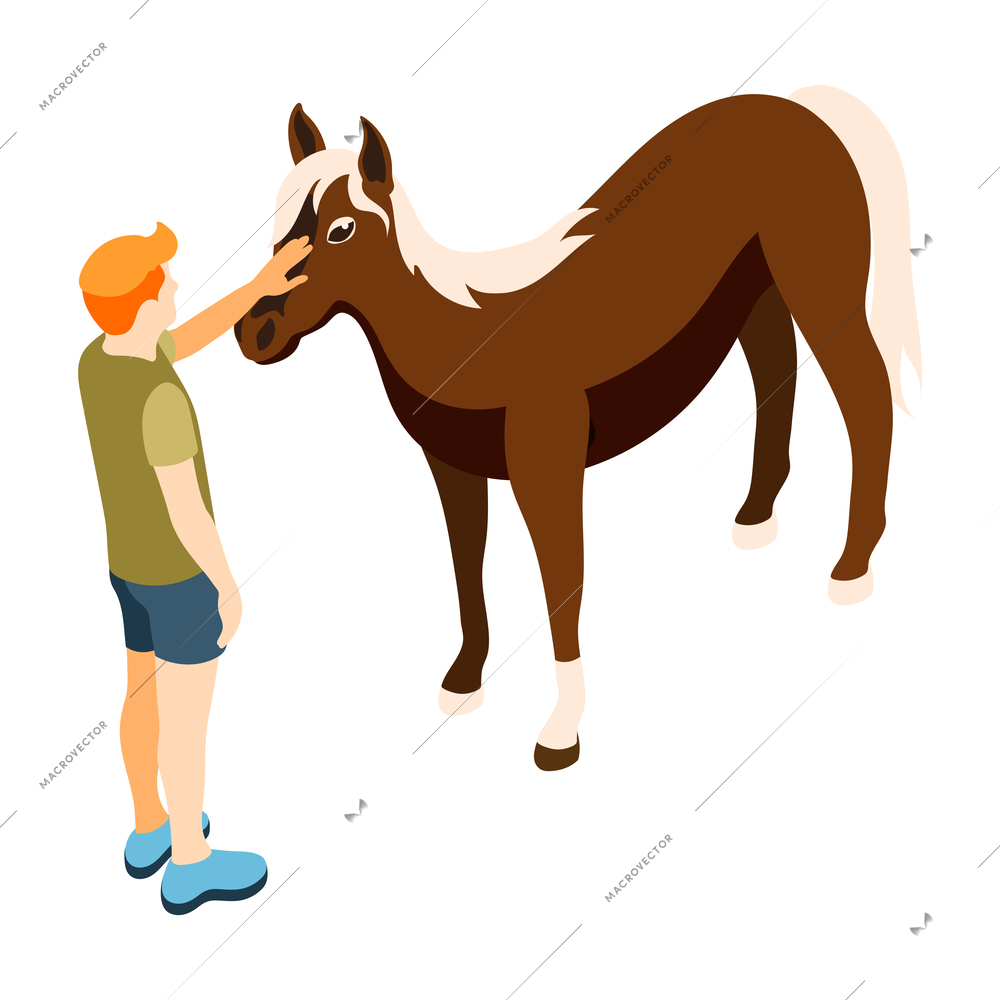 Contact zoo contact farm zoocafe isometric icons composition with human character of man stroking horse vector illustration