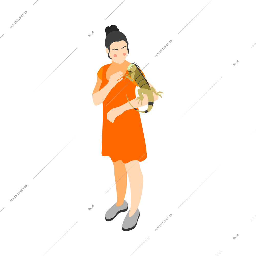 Contact zoo contact farm zoocafe isometric icons composition with female character of girl carrying iguana vector illustration