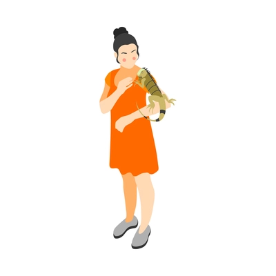 Contact zoo contact farm zoocafe isometric icons composition with female character of girl carrying iguana vector illustration