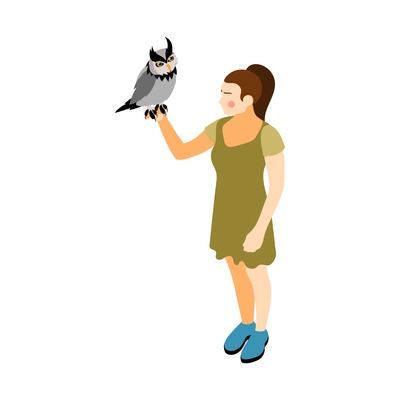 Contact zoo contact farm zoocafe isometric icons composition with girl character holding owl bird vector illustration